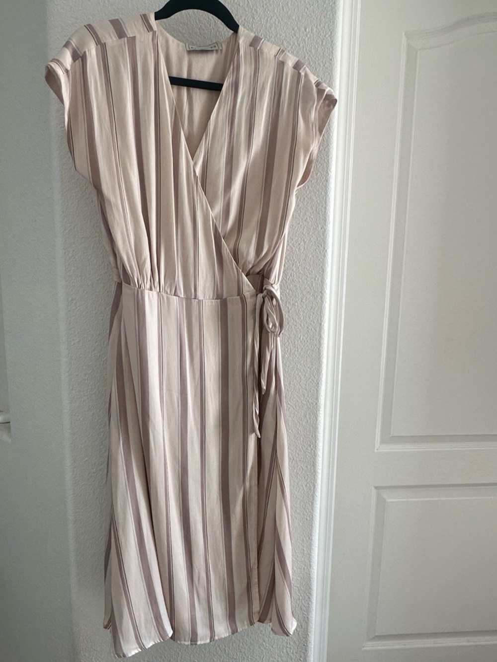 Striped Blush Wrap Midi Dress with Self-Tie Waist